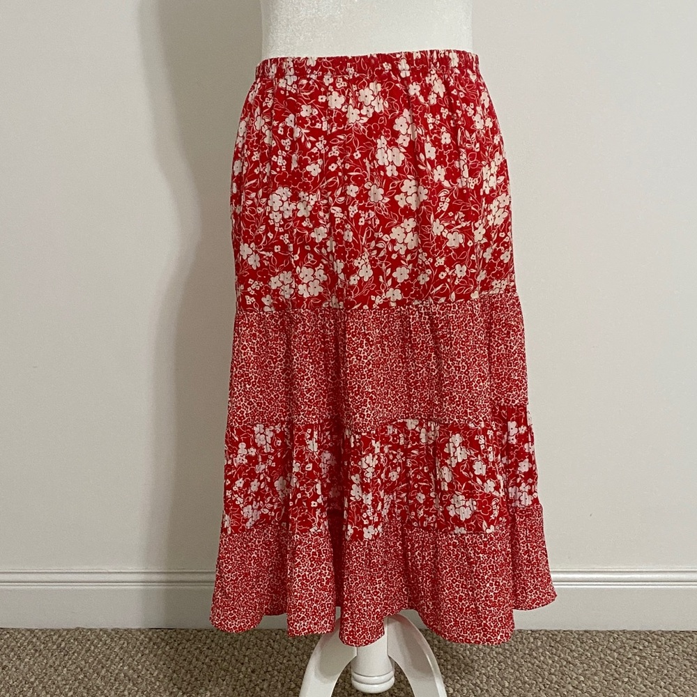 Susan Graver Red Floral Tiered Skirt